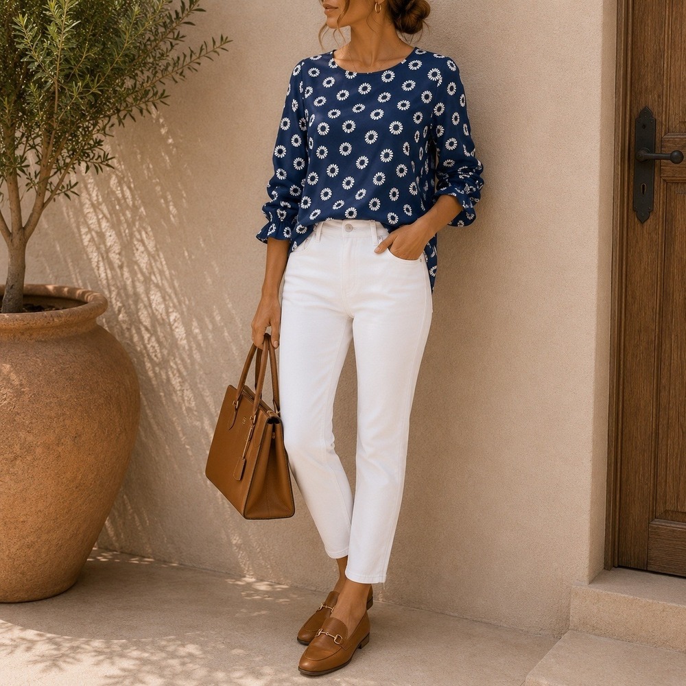 Talbots Women's Blue Daisy Floral Blouse XLP Ruffle Cuff Modest Chic Office Wear